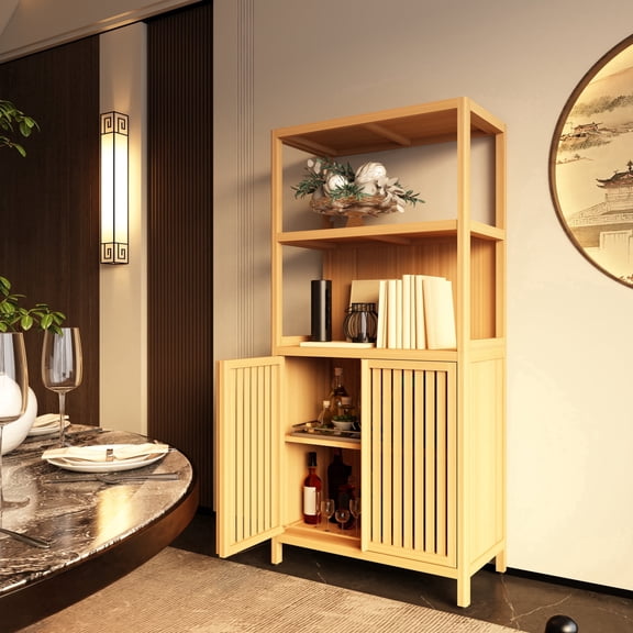 GDF Studio 52" Bamboo Storage Cabinet with 2 Doors, Freestanding Floor Organizer with Open Shelves, Natural