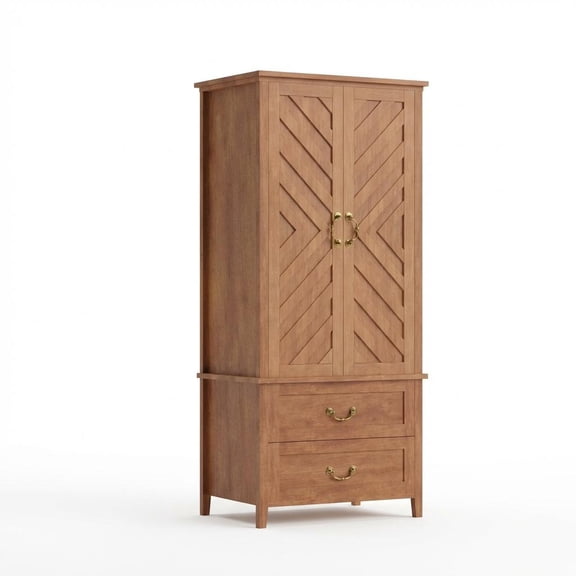 Spacious 71" V Shape Tall Wooden Armoire Wardrobe Closet – 2 Doors & Drawers, Hanging Rod – Large Freestanding Storage Cabinet – Sturdy Rustic Farmhouse Bedroom Furniture