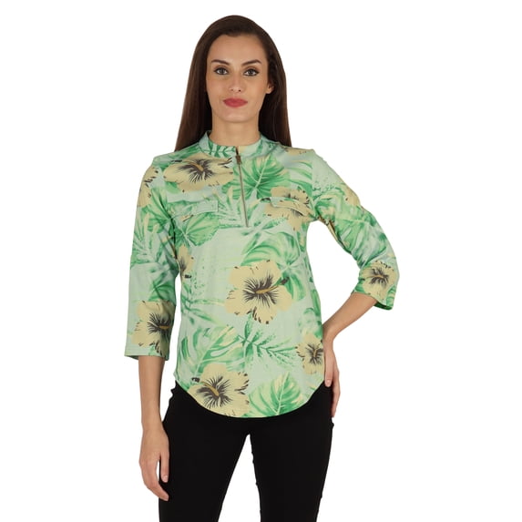 Inkmeso Fashionable Printed Casual Top For Womens Mandarin Collar Relaxed-Fit Tunic Top