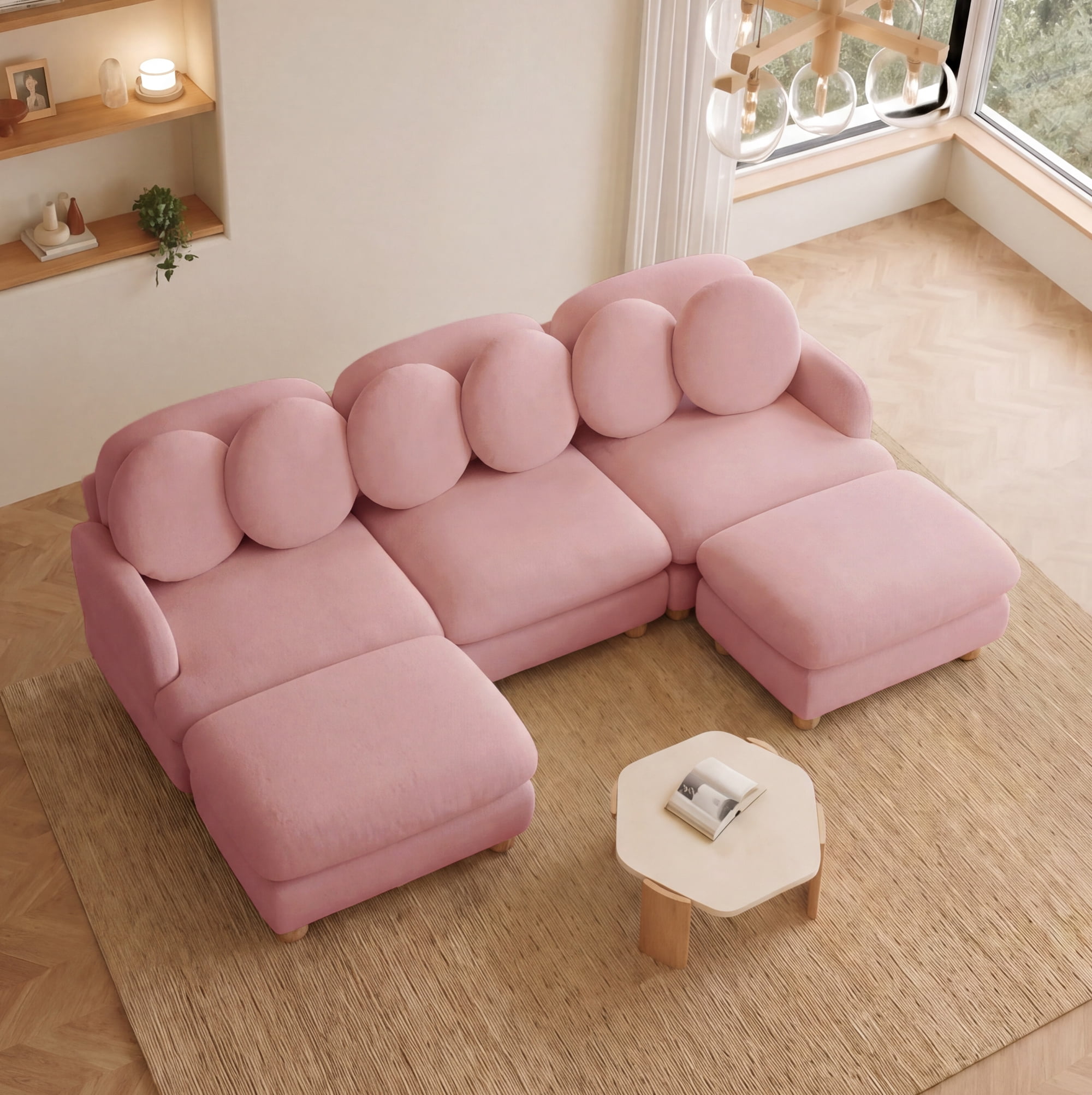 95" U-shaped 5 Seater Chenille Modular Sectional Sofa Couch with 6 Throw Pillows and 2 Ottoman
