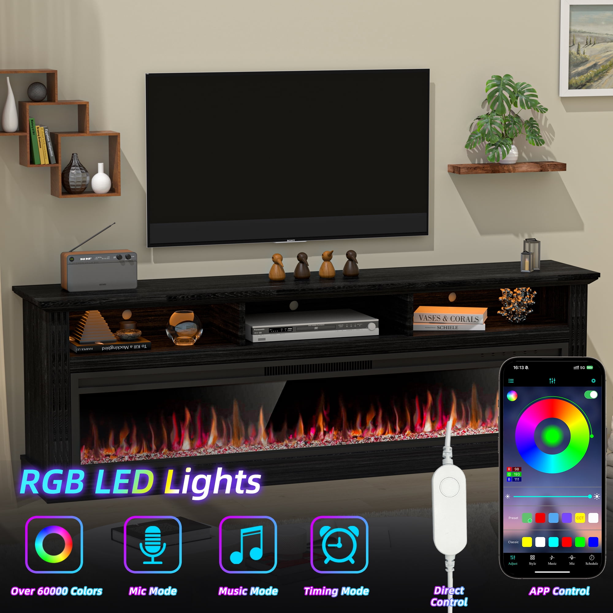 HARIPUL 58" Fireplace TV Stand for TVs Up to 65" with 52" Electric Fireplace,White Entertainment Center with Storage Cabinets,Led Light TV Consoles for Living Room,Black/Crystal Fireplace
