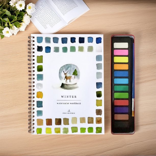 Libro de trabajo de acuarela de 12 colores Set de pintura de acuarela con pincel (invierno)