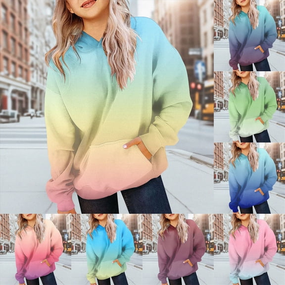 9-10 Years Child Girls' Hoodie Gradient Lined Sweatshirt With Hood Pocket Casual Tops Long Sleeve Pullover Sweatshirts Teenagers Dark Purple Sports Hoodie