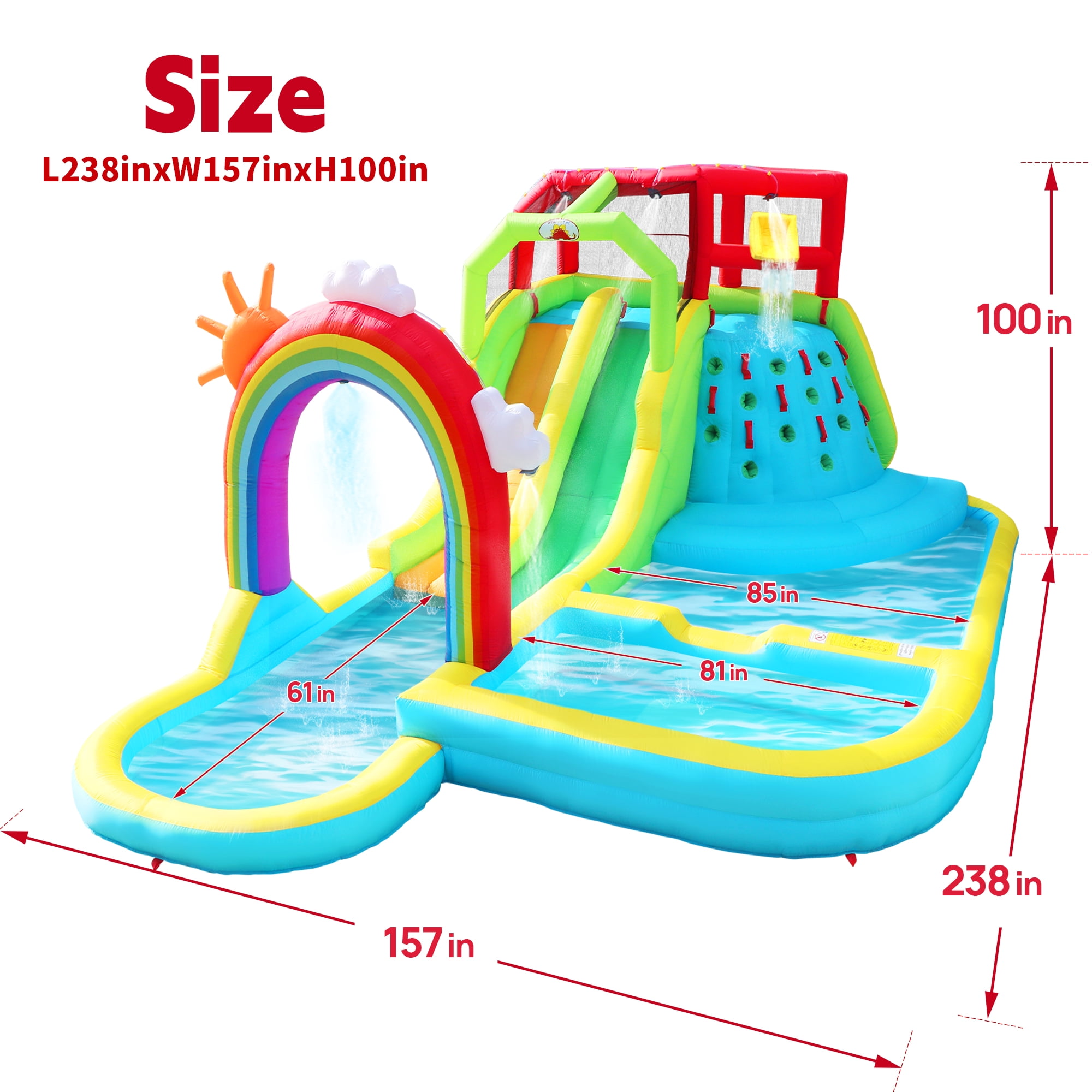 WELLFUNTIME Inflatable Water Slide Park for Kids, Bounce House with Blower, Rainbow Water Curtain, Splash Pool for Backyard