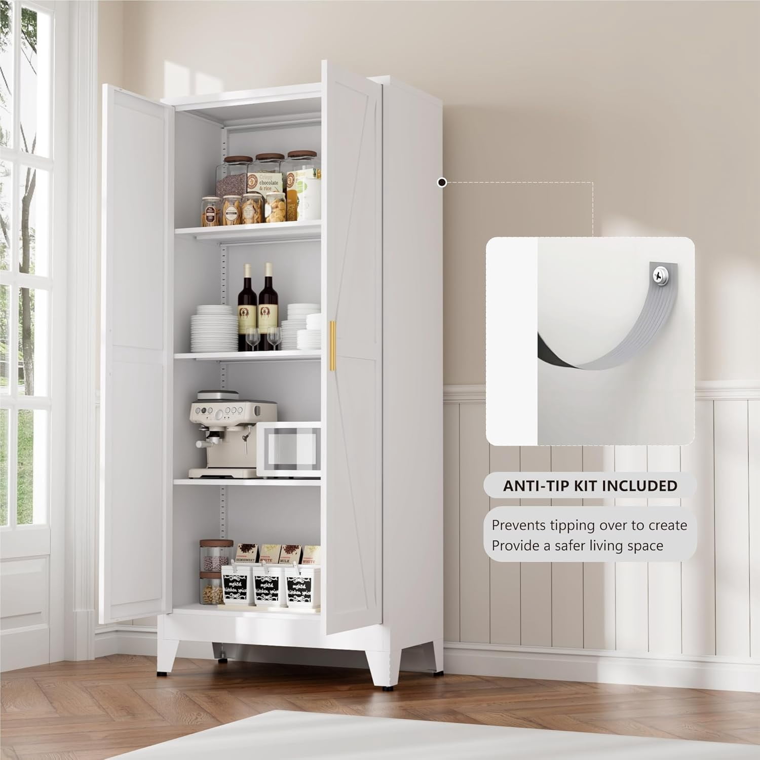 WDZS Large Metal Kitchen Pantry Cabinet with Adjustable Shelves - Freestanding Kitchen Storage Cabinet for Dining Room,Livingroom Bathroom, Hallway, Workshop, Office,White