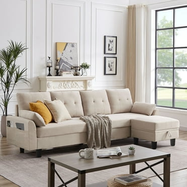 Soscana 102" Sectional Sofa Couch with Storage Ottoman and Side Pockets,4 Seater Chaise Sofa L Shaped Couch for Living Room Office Reading Room Apartment Studio