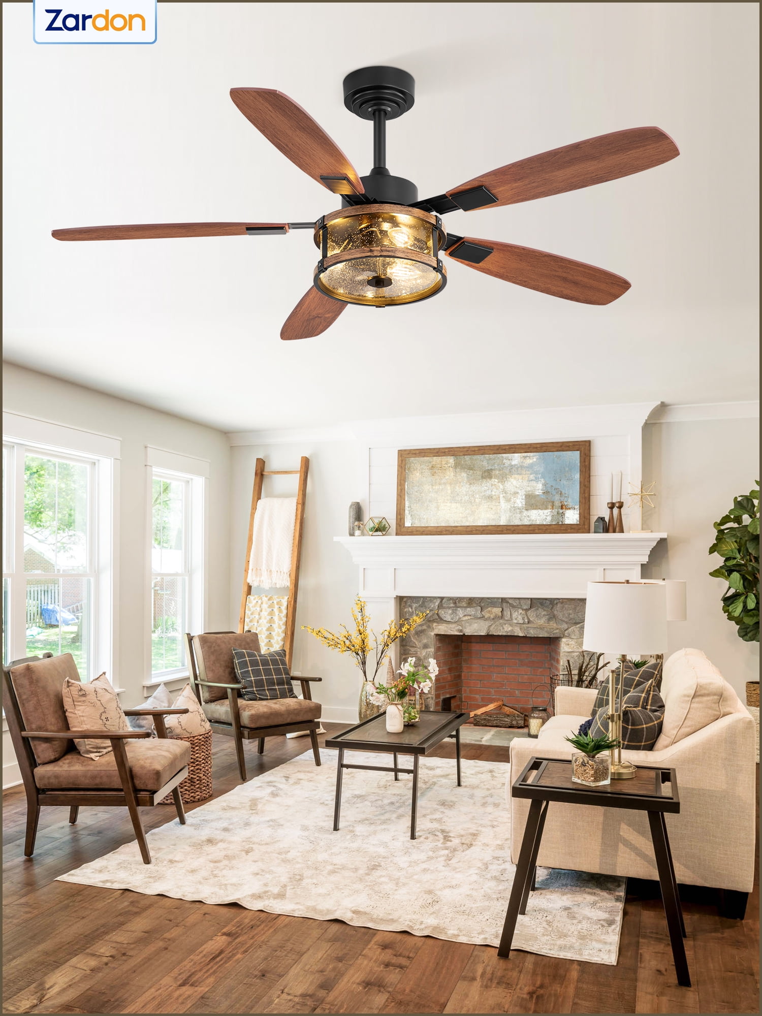 Zardon 52 Inch Farmhouse Ceiling Fan with Light and Remote Control, Quiet Reversible DC Motor, Clear Glass Shade, Dual-Finish Blades for Indoor