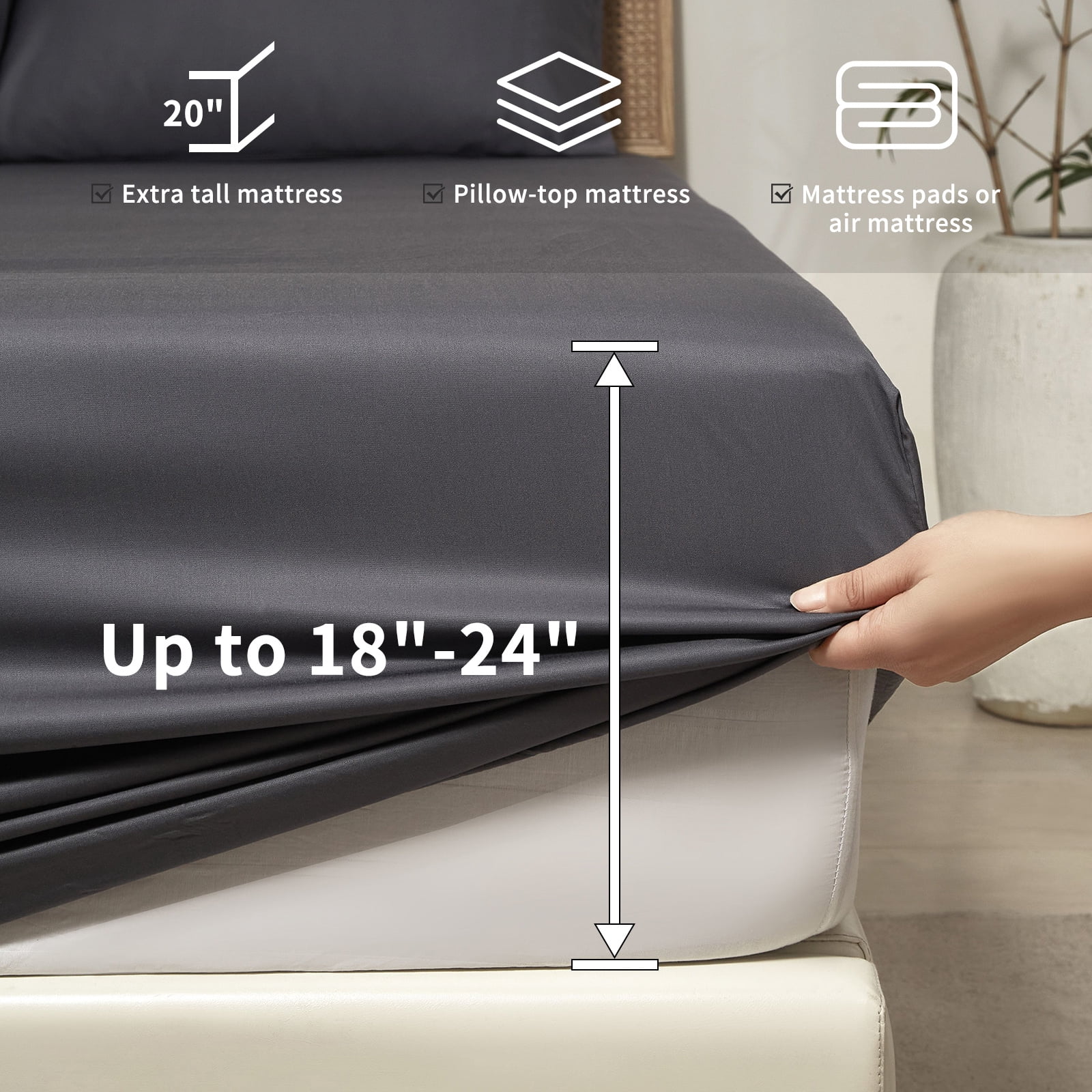 King Sheets Set Rayon Derived from Bamboo, 4-Piece Luxury Bedding Sheet & Pillowcase Sets, Cooling Sheets, Silky Soft and Breathable, 18"-24" Deep Pocket (Dark Grey)