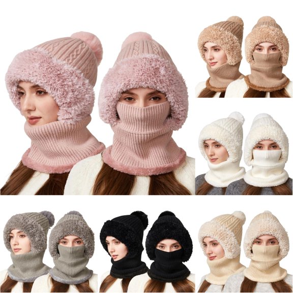Daznico Cable Knit Pom Pom Balaclava Hat Lined Windproof Integrated Neck Gaiter Thermal Ear and Face Warmer Winter Headwear for Outdoor Activities in Cold Weather