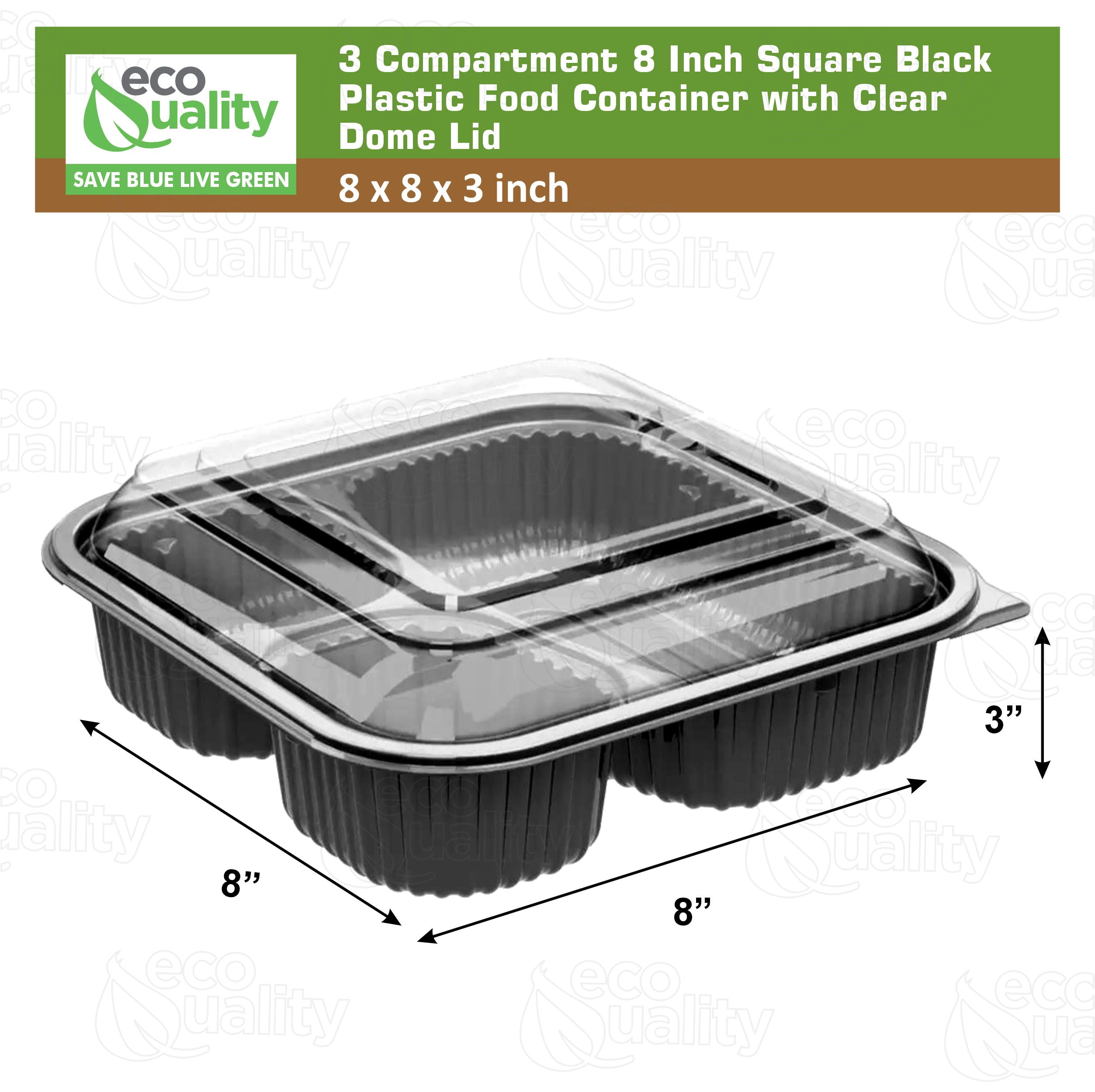 EcoQuality 36oz 8" 3 Compartment Square Black Container with Clear Dome Lid, Reusable Bento Box, Food Storage Containers | BPA Free | Stackable | Lunch Boxes, Microwave/Dishwasher/Freezer Safe (25)