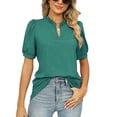 thumbnail image 2 of TSADFHJI Christmas Tops Plus Size Summer V Neck Pullover Solid Color Pleated Puff Sleeve Design T Shirt L Green, 2 of 7
