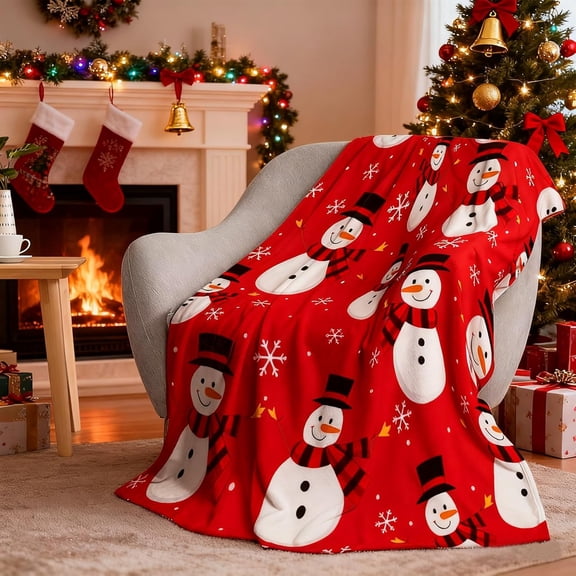 Christmas Snowman Blanket, Red Christmas Holiday Fleece Blanket, Soft Cozy Plush Warm Winter Cabin Blanket for Couch Bed 60"x50"