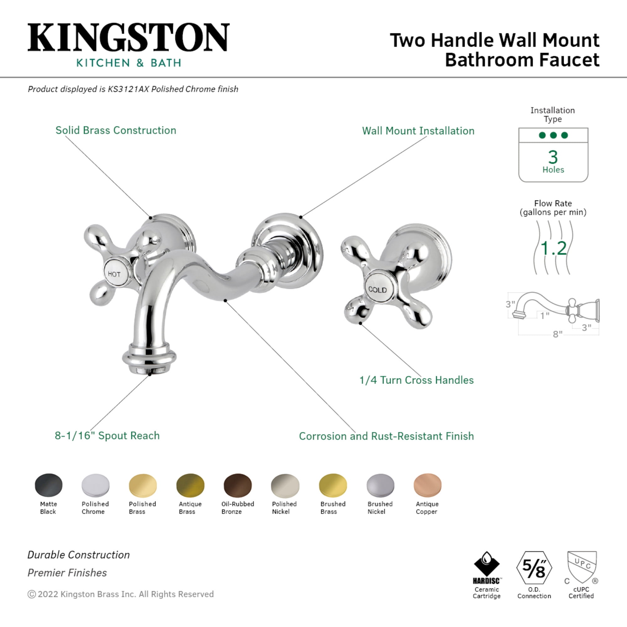 Kingston Brass KS312AXAC Vintage Double-Handle Wall Mount Bathroom Faucet, Antique Copper