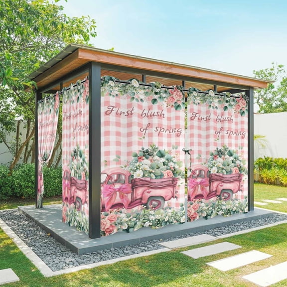 Outdoor Curtains for Patio Waterproof, Eucalyptus Trucks Outdoor Privacy Panels Grommet, Spring Farmhouse Floral Leaves Pink Plaid Blackout Outside Curtains for Porch/Cabana 54"x108", 2 Panels