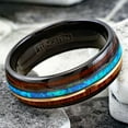 thumbnail image 2 of Men's Black Tungsten Wedding Band with Koa Wood and Blue Opal Stripe - Men's Rings for Weddings, 2 of 8