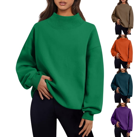 Mock Neck Sweatshirt Women Cute Oversized Sweatshirts Cozy Soft Pullover Sweaters Loose Fit No Hood Fashion Winter Clothes Green 2XL