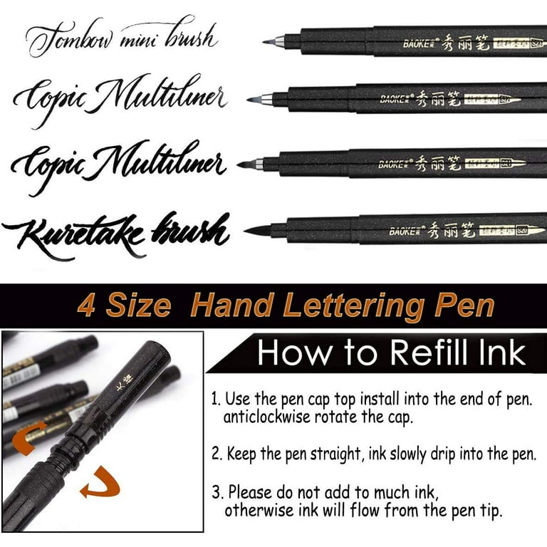 Rilanmit Hand Lettering Pens, Refillable Calligraphy Pens Brush Marker Pens  Set Black, 4 Size for Writing, Painting, Drawing, Pack of 6