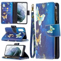 Dteck Case for Samsung Galaxy S21 FE 5G 6.4-inch,Magnetic Patterned Leather Zipper Card Holder Wallet Flip Case Kickstand Shockproof with Hand Strap Cover ,Gold Butterfly