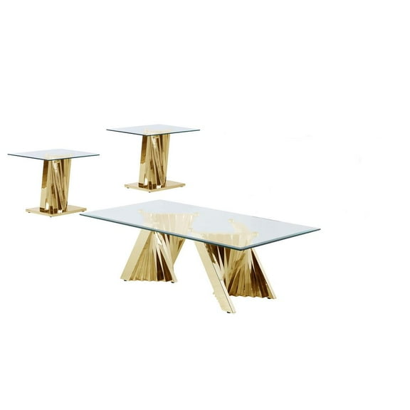 Geometric Clear Glass Coffee   2 End Table Set with Gold Stainless Steel