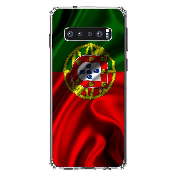 DistinctInk Clear Shockproof Hybrid Case for Samsung Galaxy S10  PLUS(6.4" Screen) - TPU Bumper, Acrylic Back, Tempered Glass Screen Protector - Portugal Waving Flag