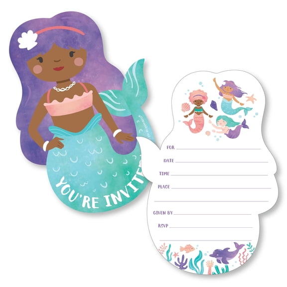 Big Dot of Happiness Mermaid Birthday Invitations, You're Invited Mermaid-Shaped Party Fill-In Invitation Cards with Envelopes, Set of 12