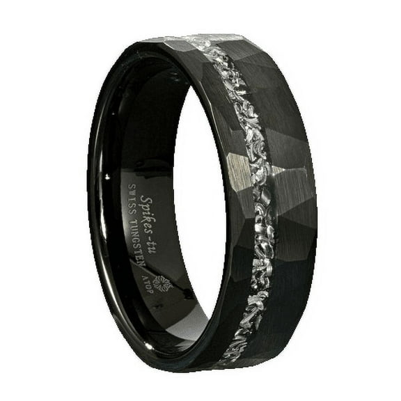 Tungsten Rings for Men Wedding Bands for Him 6mm Black with Meteorite