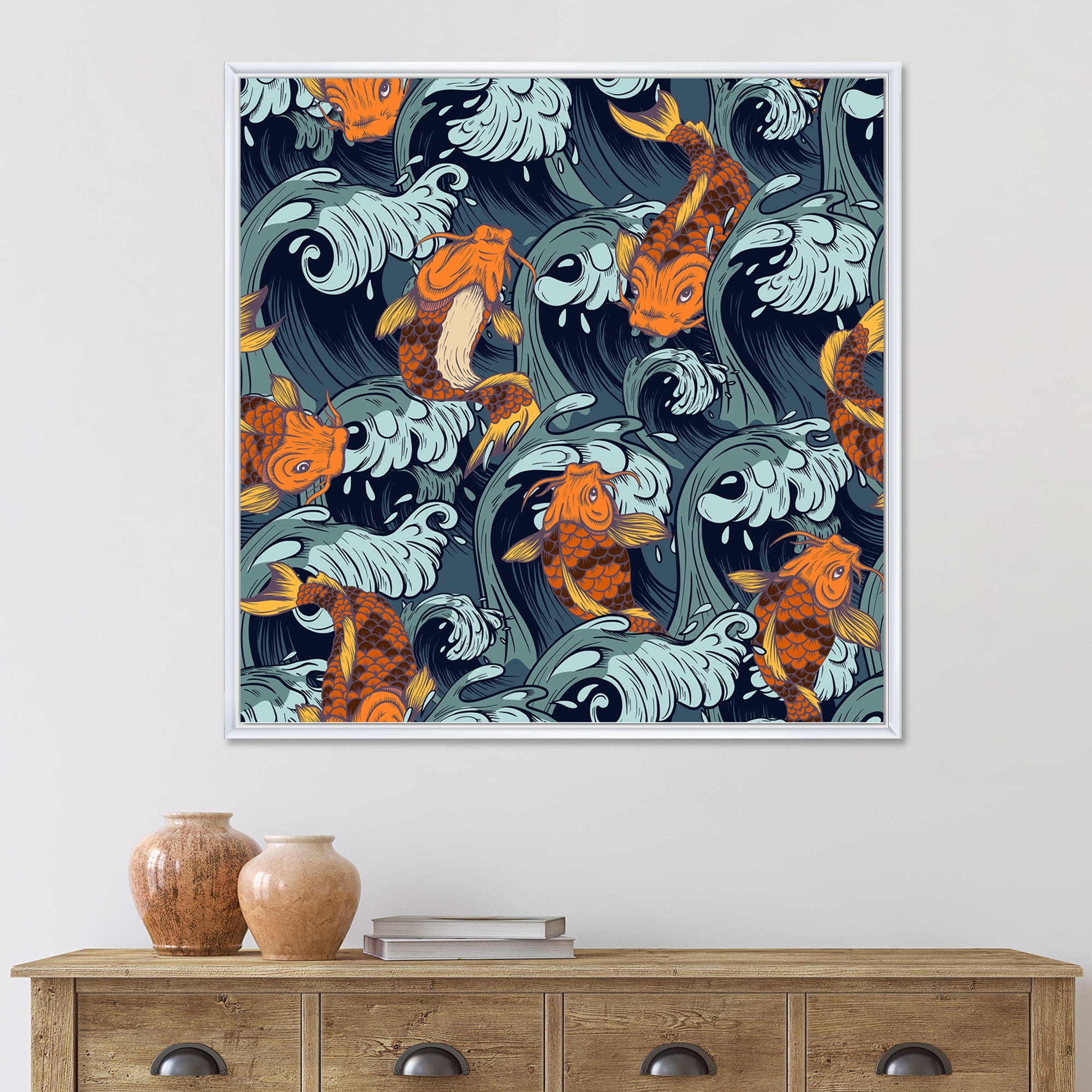 Designart 'Japanese Koi Fish on Sea Waves' Nautical & Coastal Framed Canvas Wall Art Print