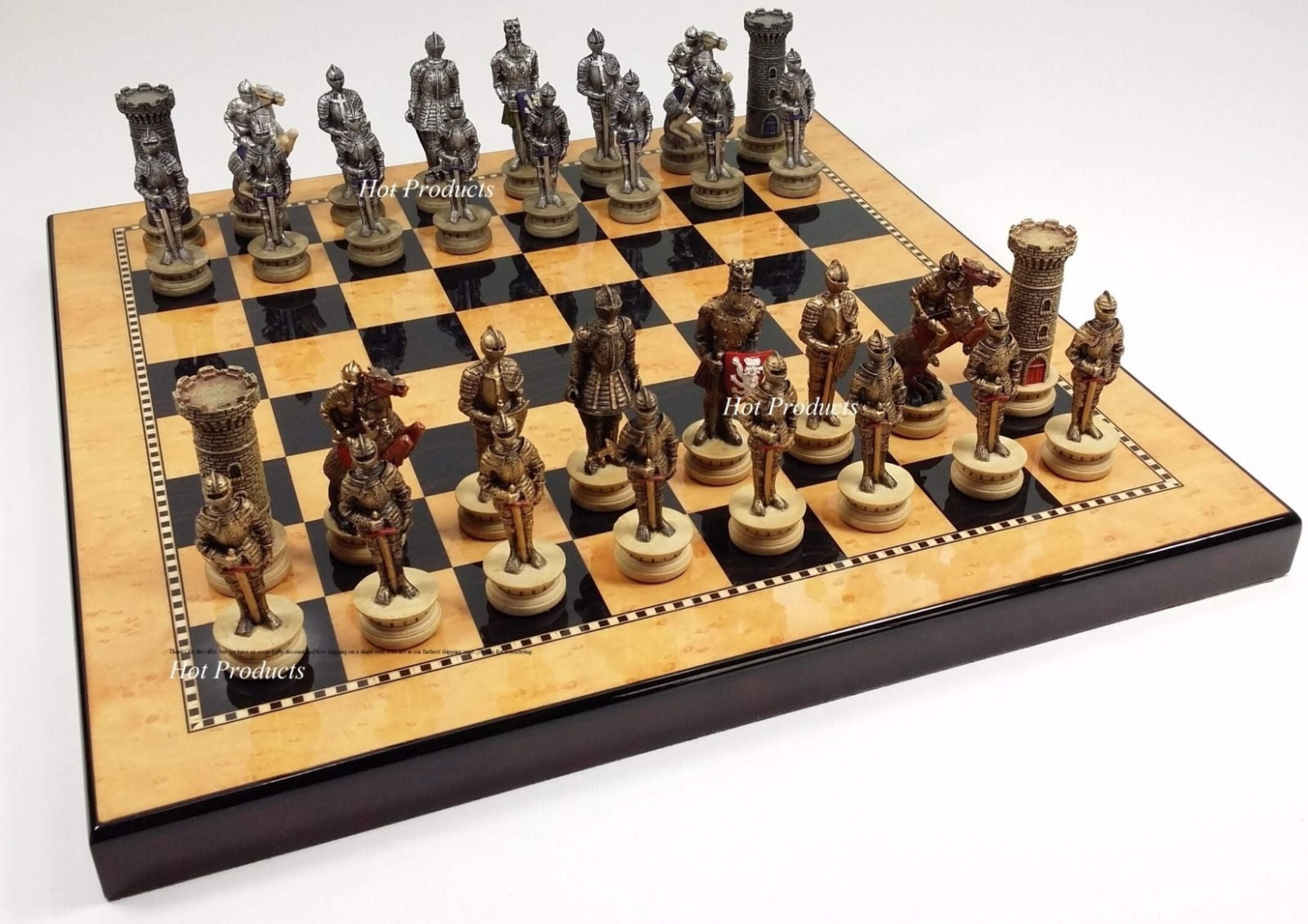 Medieval Times Crusades Warrior Knight Chess Set 15" Walnut  Maple Color Board