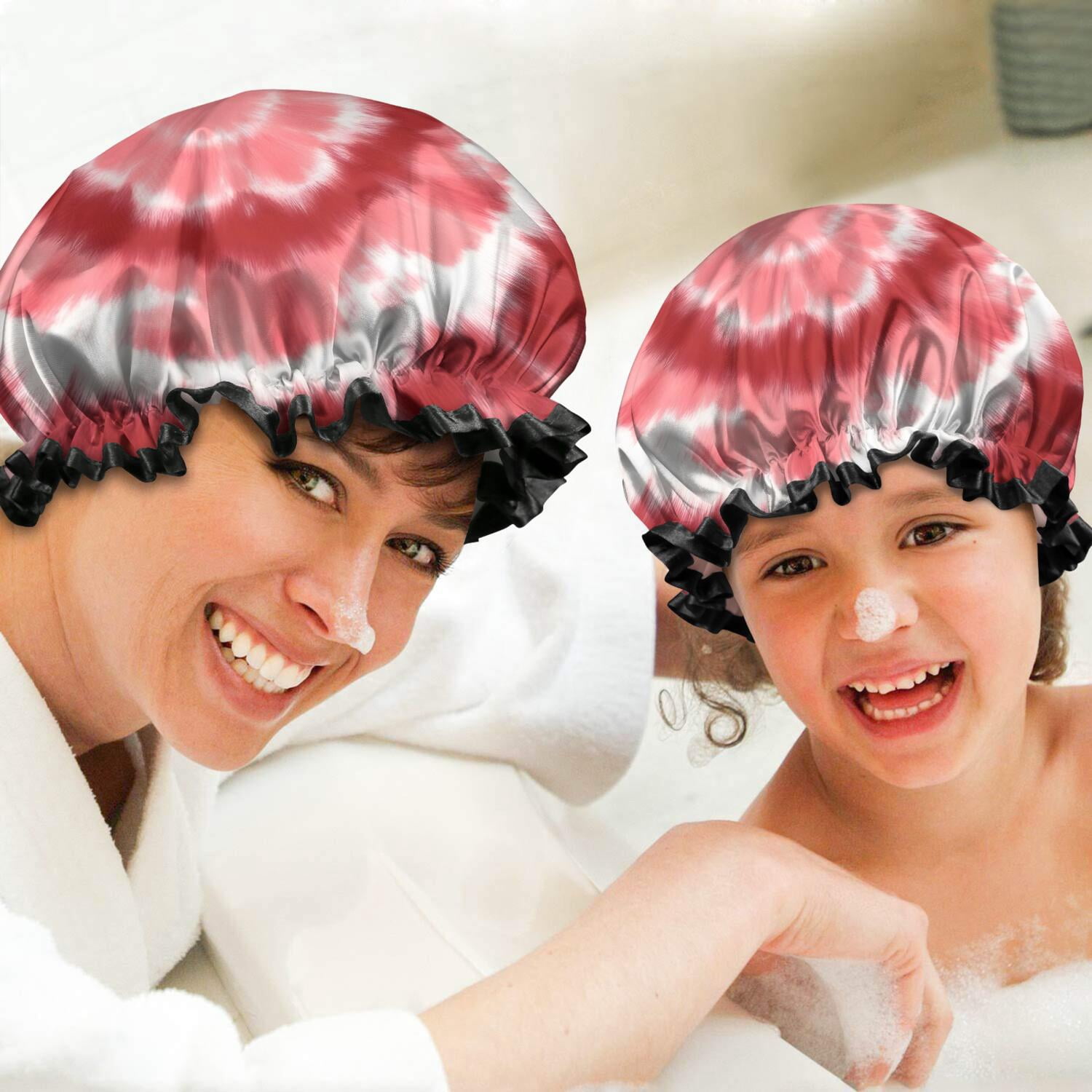 Shower Caps,Red White Tie Dye Mandala Pattern Waterproof Shower Cap for Women 4 Pieces,Double Reusable Hair Cover for Shower PEVA Elastic Stretch Hem