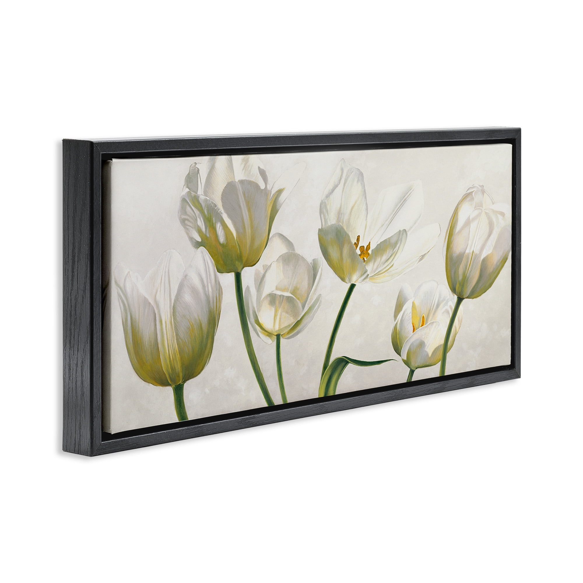 Stupell Industries Soft White Blooming Tulips Botanical & Floral Painting Black Floater Framed Canvas Art Print Wall Art, 31 x 14