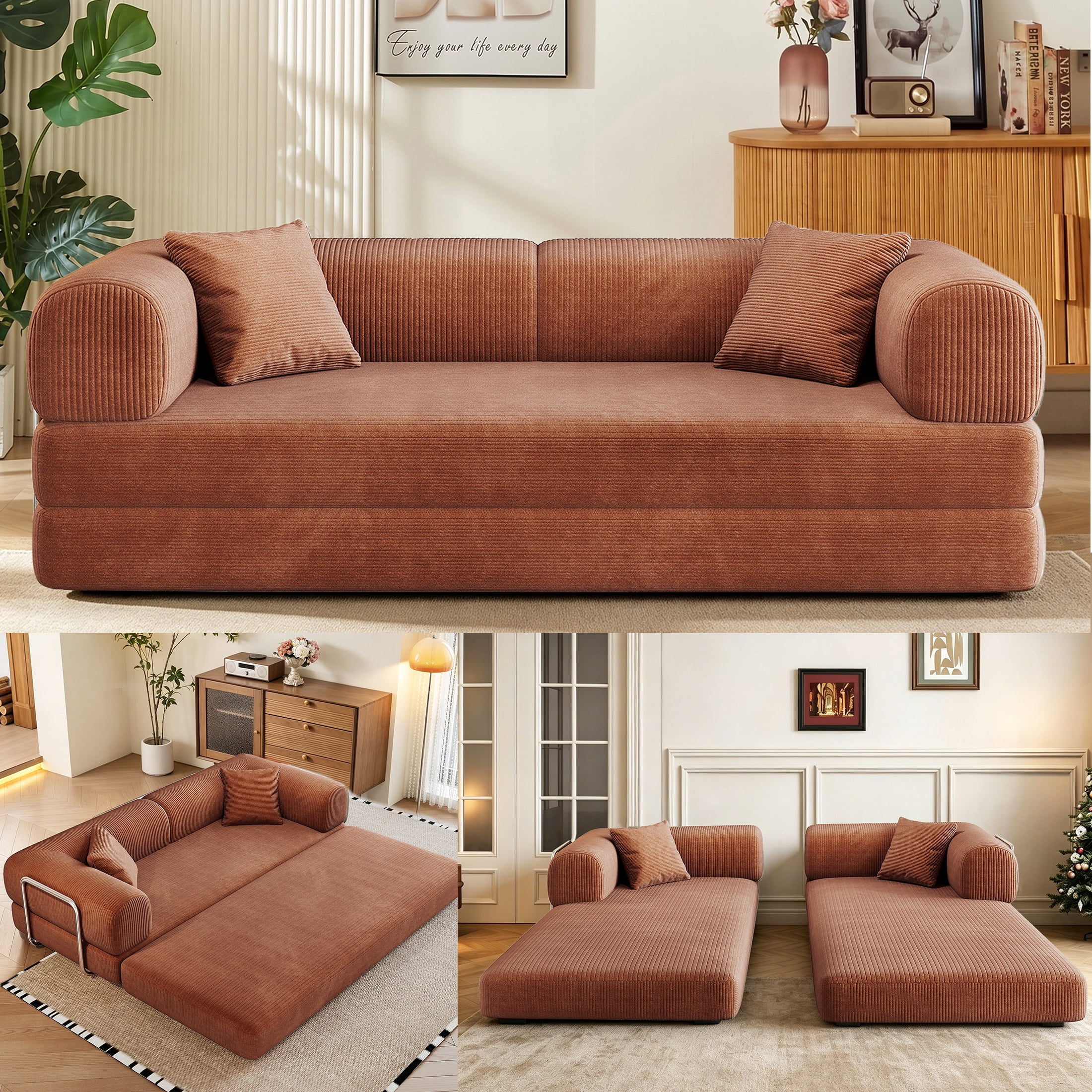 AISWORD Convertible Sleeper Sofa Bed with Cylindrical Pillow, Corduroy Folding Mattress Couch with Fixed-Shape Frame, Floor Sofa Lounge Couch, Brown