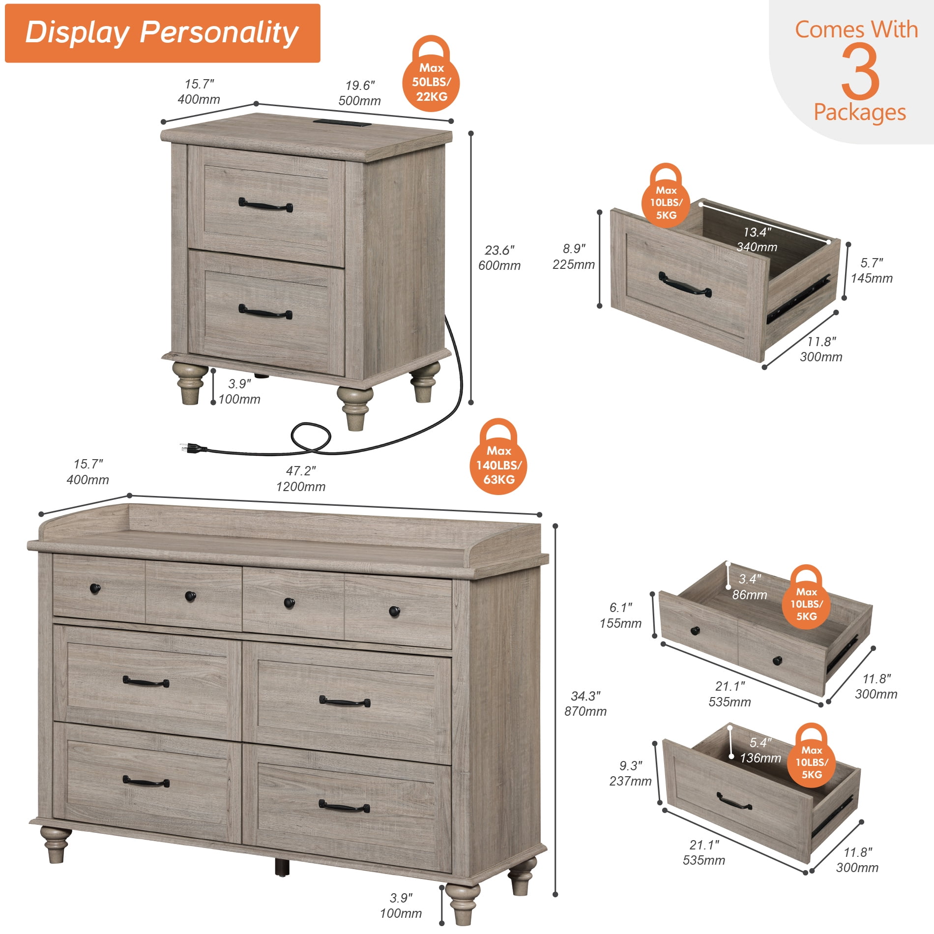 3 Piece Dresser and Nightstand Sets, Farmhouse Dresser with 6 Drawers, Set of 2 Night Stands with Charging Staion, 3 Piece Bedroom Set, Grey