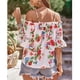 thumbnail image 5 of Blusa con hombros descubiertos para mujer, manga corta, estampado floral, ribete con volantes, correa para el hombro, Top de verano blanco S, 5 of 8