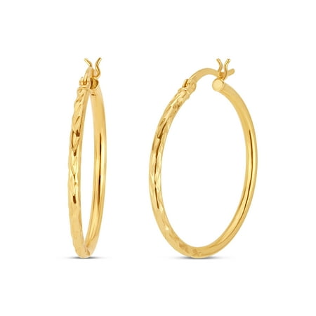 - Gold Over Sterling Silver 30mm Half Diamond Cut Square Tubing And Round Hoop Earrings