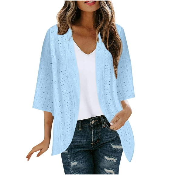 tklpehg Cardigans for Women Puff Sleeve Cardigan Loose Chiffon Cover Up Blouse Overcoat Solid Color Fall Coat 3/4 Sleeve Leisure Blouses Blue S