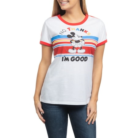 - Juniors' No Thanks Mickey Mouse Licensed Contrast Ringer Graphic Short Sleeve T-Shirt