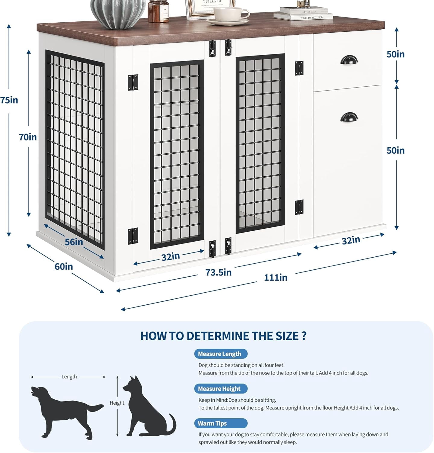 44 inch Dog Crate Furniture, Heavy Duty Wooden Pet Kennel with Drawers & Side Cabinets, Decorative Dog Crates for Small Medium Large Dogs, White