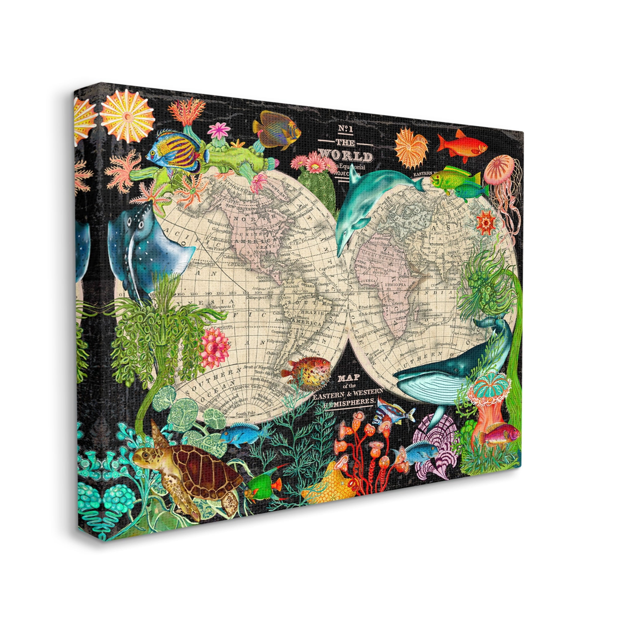 Stupell Industries Vintage World Hemisphere Map Vibrant Marine Animal Illustrations, 40 x 30,Design by Sangita Bachelet