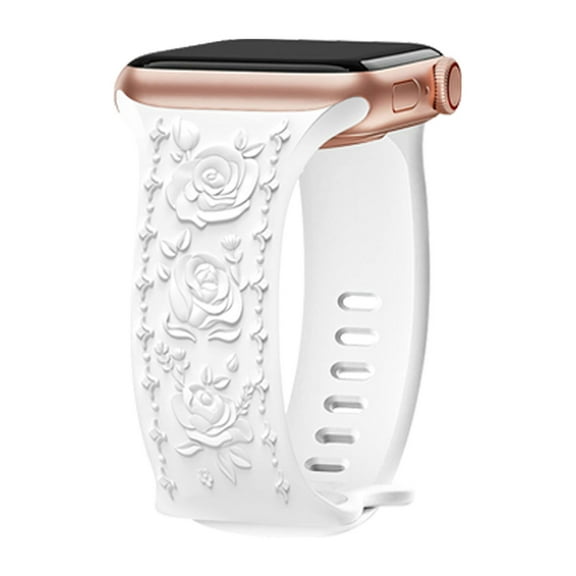TECH CIRCLE Floral Engraved Band for Apple Watch Band 40mm 41mm 38mm Women, Soft Silicone Cute Flower Rose Embossed Sport Strap for iWatch Band Series SE 9 8 7 6 5 4 3 2 1,White