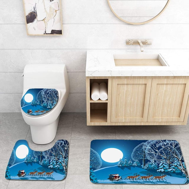 ABPHQTO Navidad Papá Noel en trineo una noche santa Luna llena Invierno cubierto de nieve Tema navideño Juego de alfombras de baño de 3 piezas Alfombra de baño Alfombra de contorno y tapa de inodoro