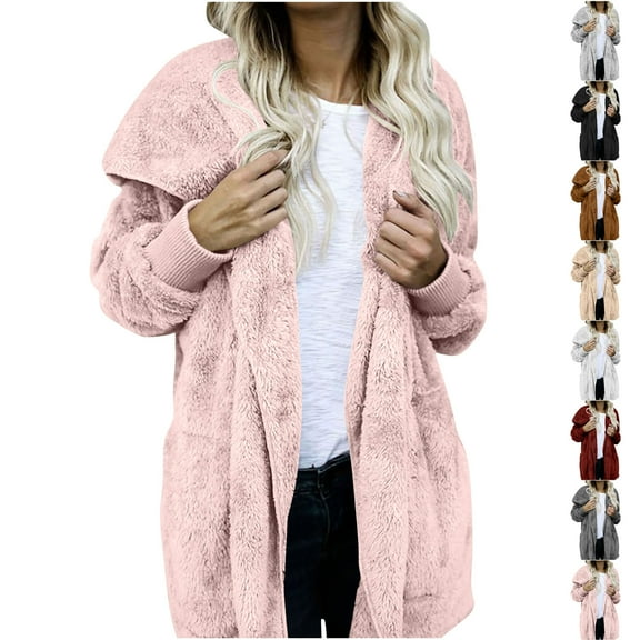 Womens Fuzzy Jacket Hooded Cardigan Soft Cozy Open Front Sherpa Fleece Coat Winter Warm Outwear with Pockets