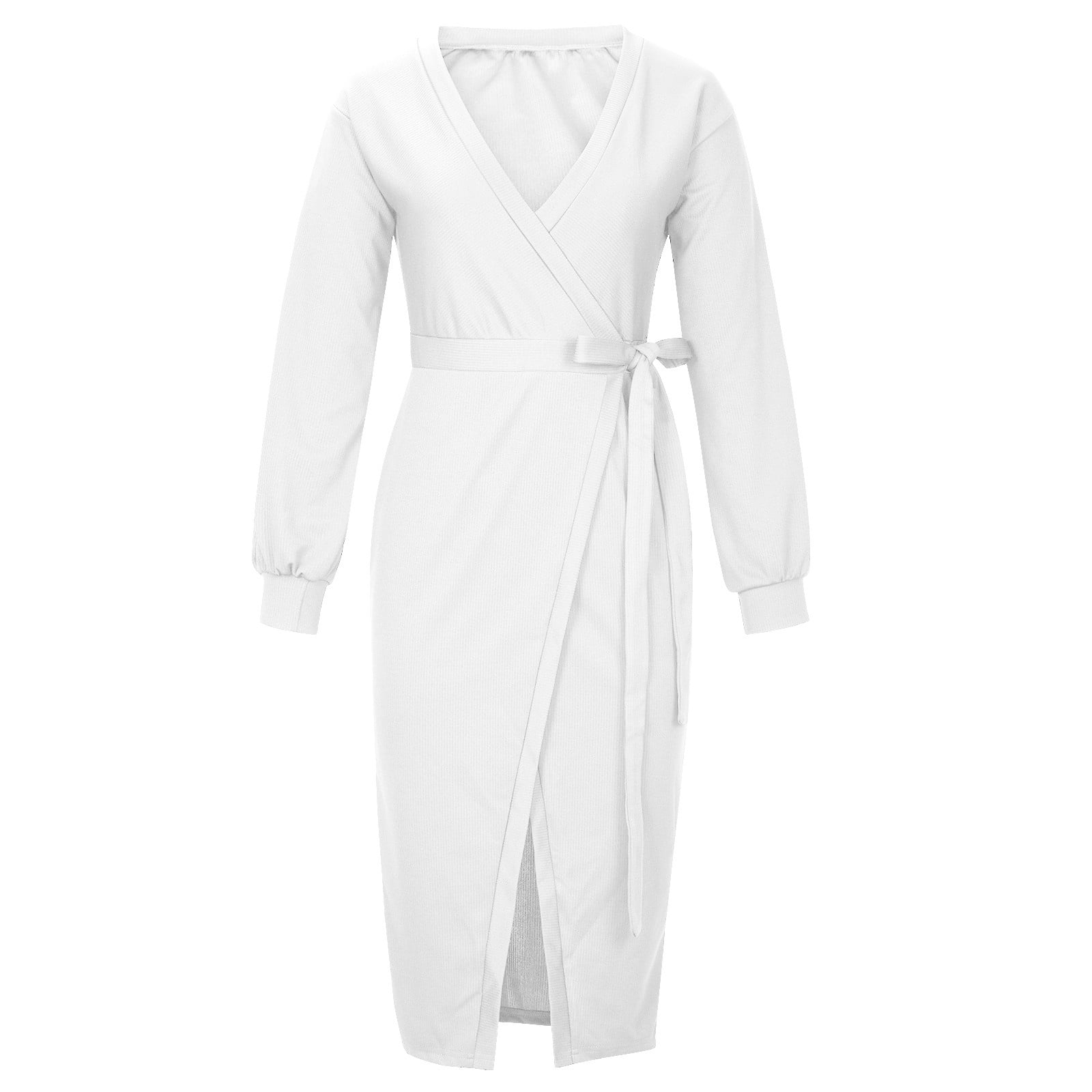 white wrap tie waist puff sleeve midi dress