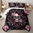 thumbnail image 2 of Homewish Gothic Sugar Skull Twin Quilt Set,Pink Red Damask Flowers Twin Coverlet Set,Halloween Duvet,2pcs, 2 of 7