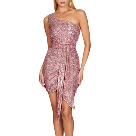 RYKJLWY Sundresses for Women 2024 Women s One Shoulder Pleated Streamer Bag Hip Dress Pure Wind Sequin Halter Dress Summer Women Navy Blue Dress for Women (Pink L)
