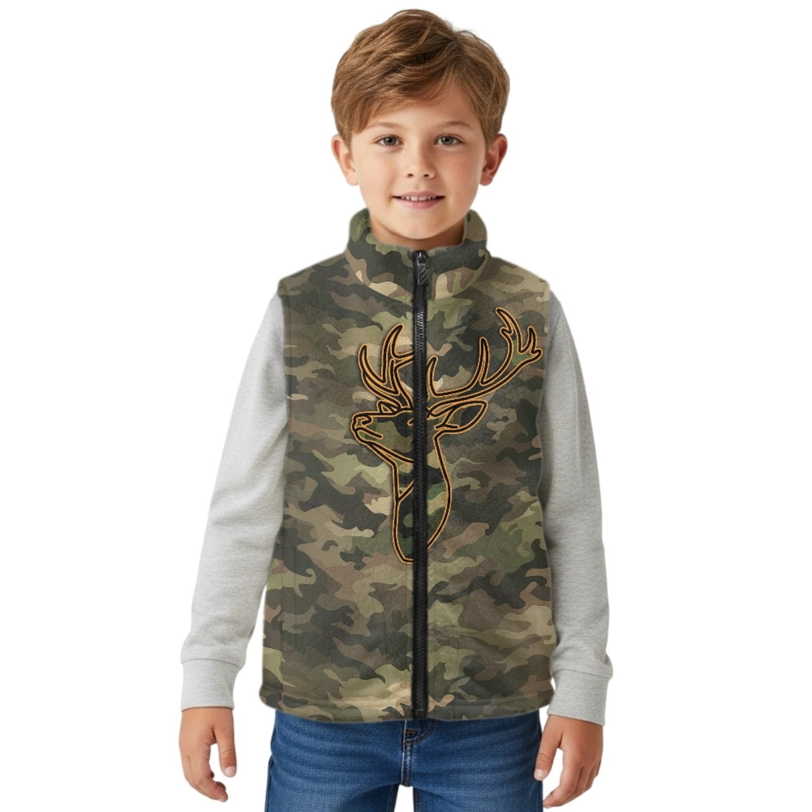 Xoenoiee Deer Camo Print Boys Lightweight Fleece Vest, Full Zip Sleeveless Outerwear for Fall Winter Spring, Running Hiking Jacket with Pockets, Size 3T