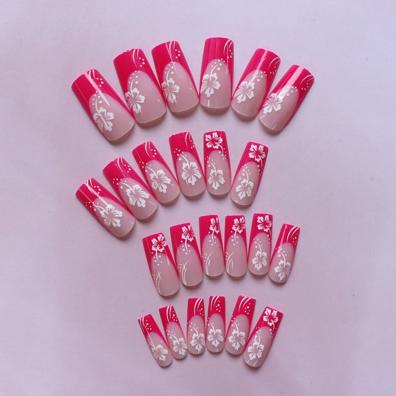 24 sweet cherry blossom red printed coffin full cover fake nails, French white, suitable for women's daily wear, 1 nail file and