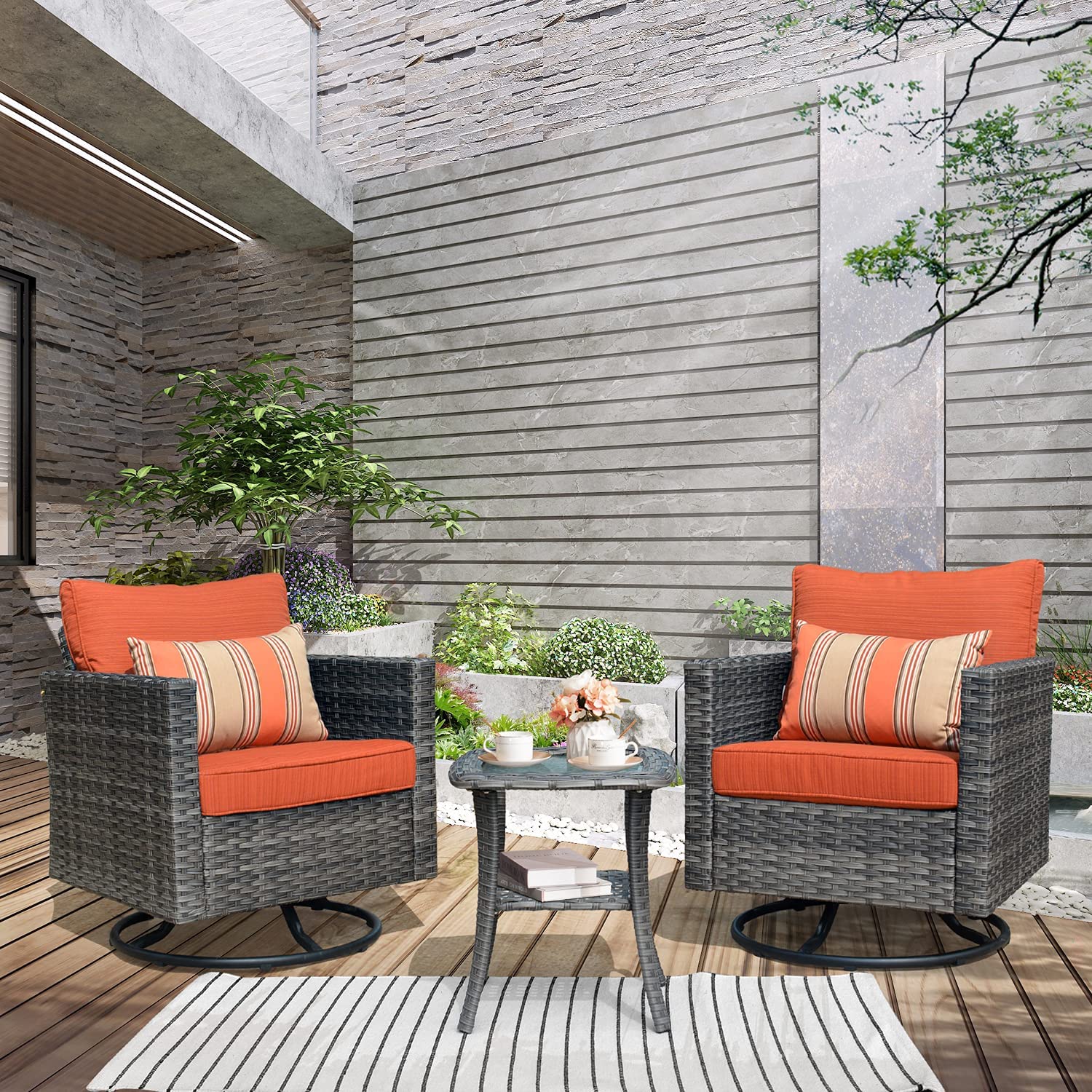 Ovios 3 Pieces Outdoor Furniture with 360°Swivel Rocker Chair Wicker Patio Bistro Set with Side Table - image 2 of 8