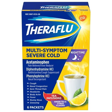 Theraflu Nighttime MultiSymptom Severe Cold with Green Tea & Citrus Hot Liquid Powder for Cough & Cold Relief, 6 count