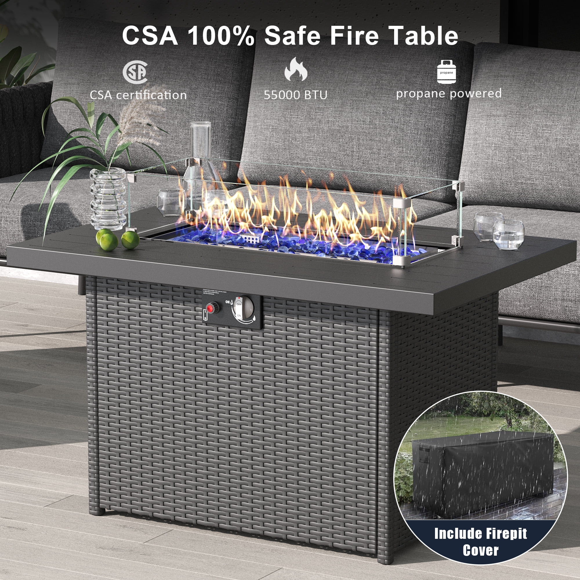 LayinSun 4 Piece Outdoor Furniture Set with Fire Pit Table, Modern Rope Woven Patio Conversation Sofa Set with Olefin Braid and Deep Seating
