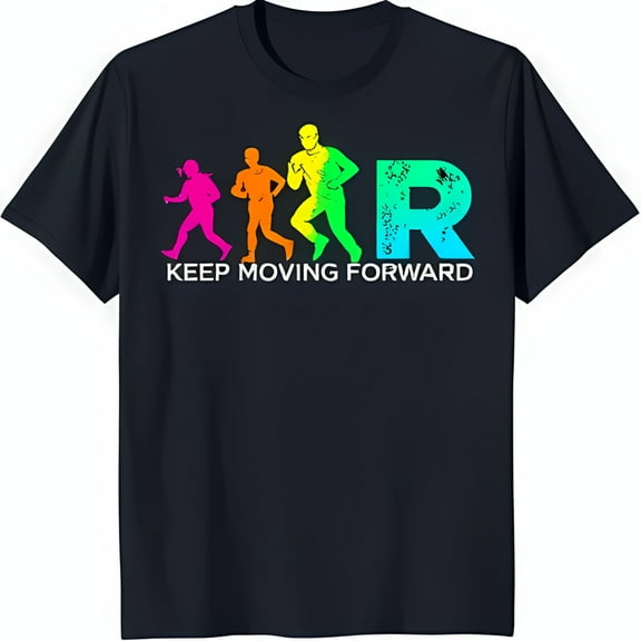 Colorful Running Graphic T-Shirt KEEP MOVING FORWARD on Black Background